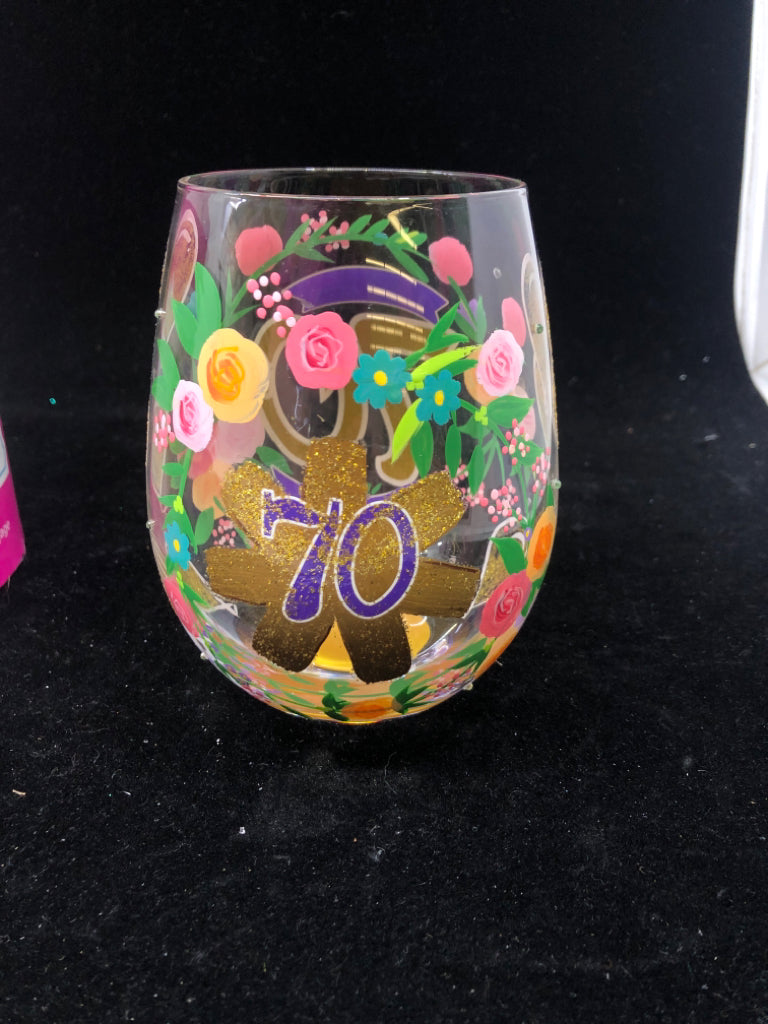 NIB STEMLESS 70TH BIRTHDAY WINE GLASS LOLITA.