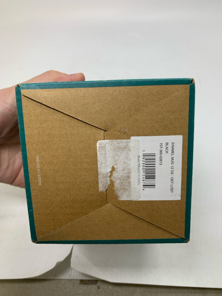 NIB GET LOST ENAMEL MUG.
