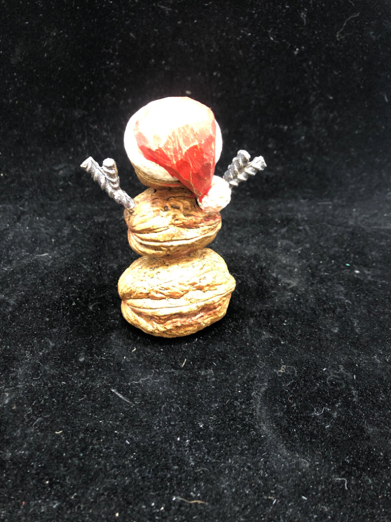 CHESTNUT SNOWMAN W/SANTA HAT RESIN FIGURINE.