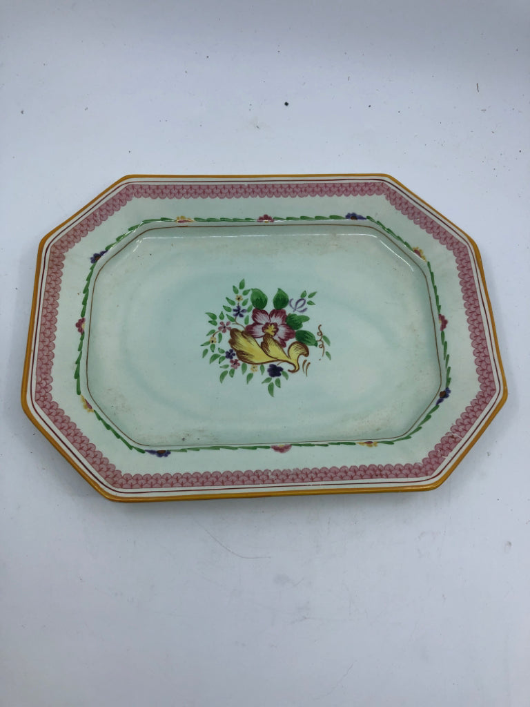 2 VTG NESTING GREEN W PINK FLORAL TRAYS- CALYX WARE.