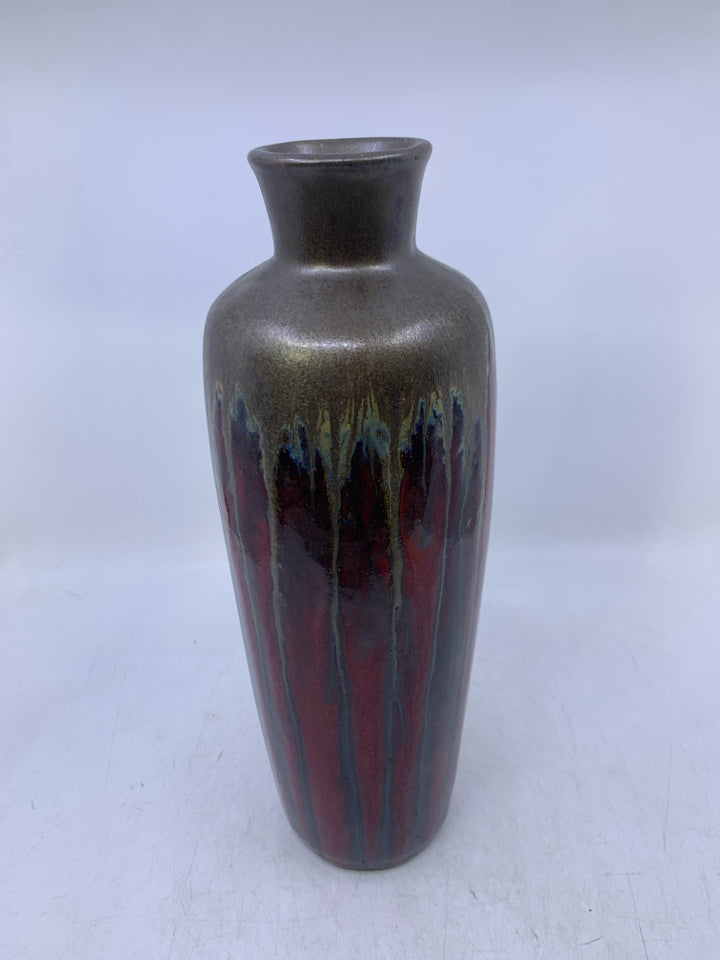 HEAVY DARK RED W/ SILVER DRIP VASE.