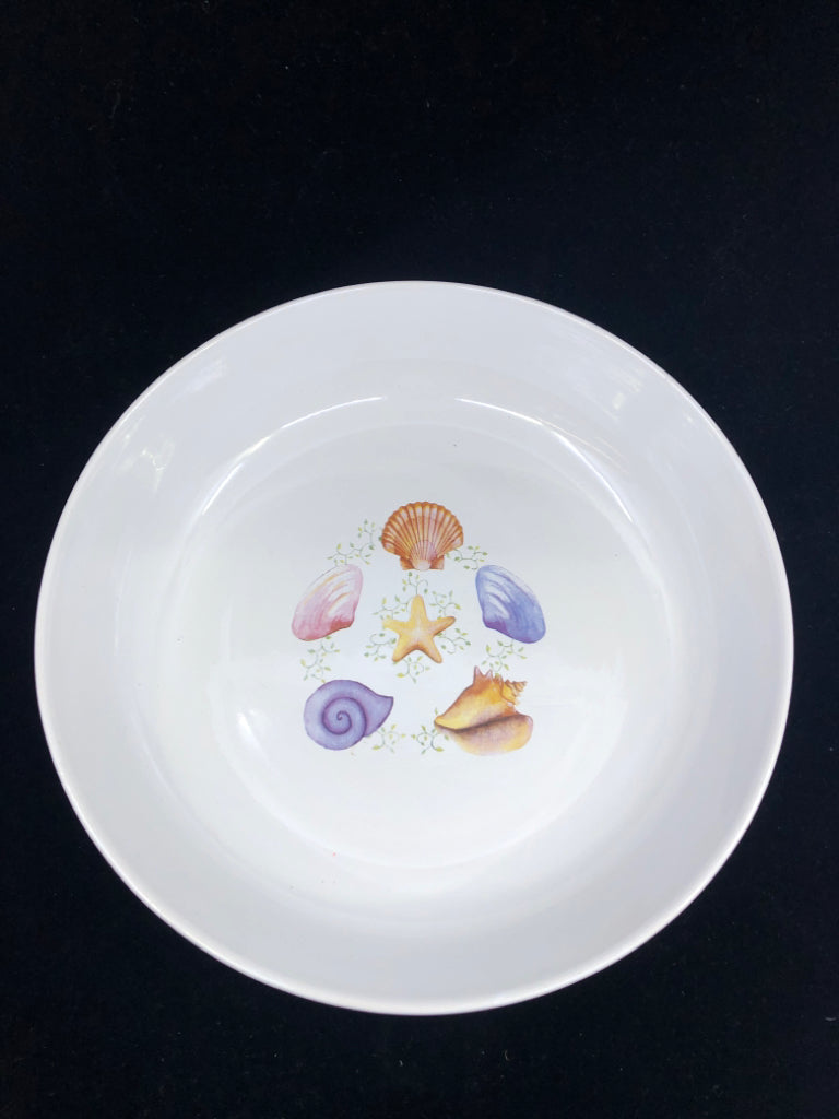 LARGE WHITE SHALLOW SERVING BOWL W SEASHELLS.