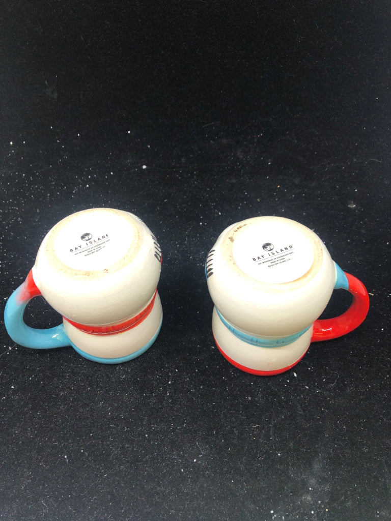 2 RED + BLUE SNOWMAN MUGS.