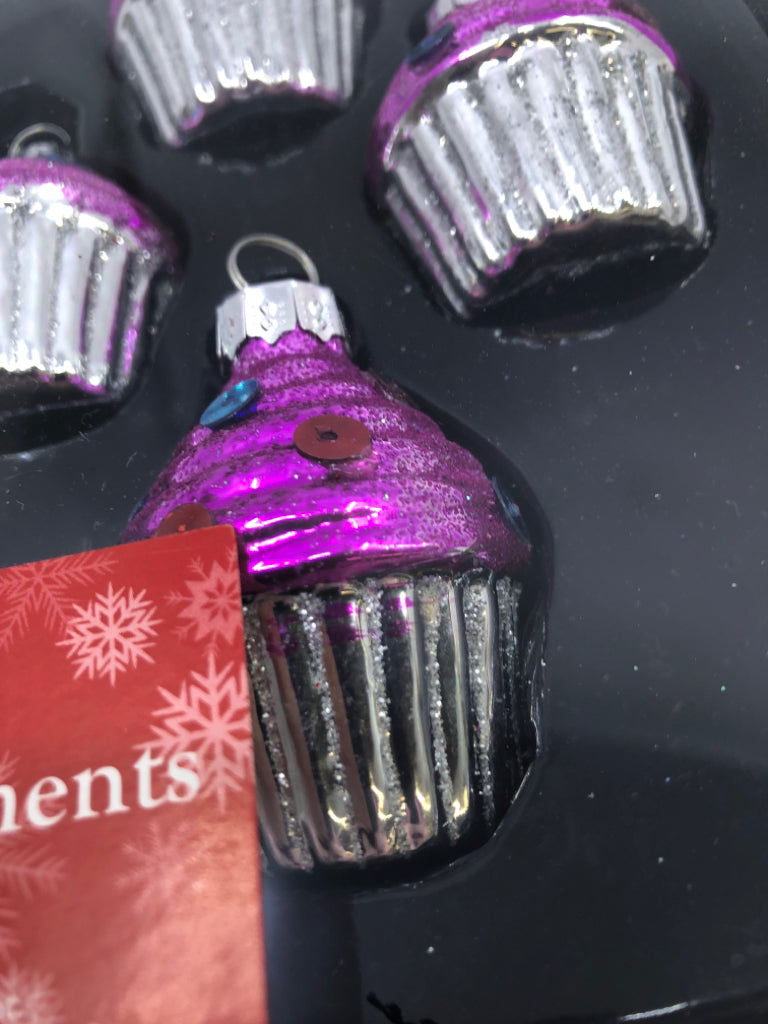 NIP 4 GLASS PURPLE CUPCAKE ORNAMENTS.