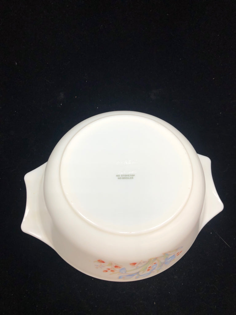 MD BLUE IRIS PYREX CASSEROLE DISH.