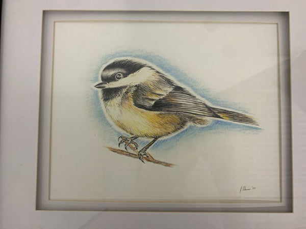 SMALL CHICKADEE IN BLACK FRAME WALL HANGING-SIGNED.