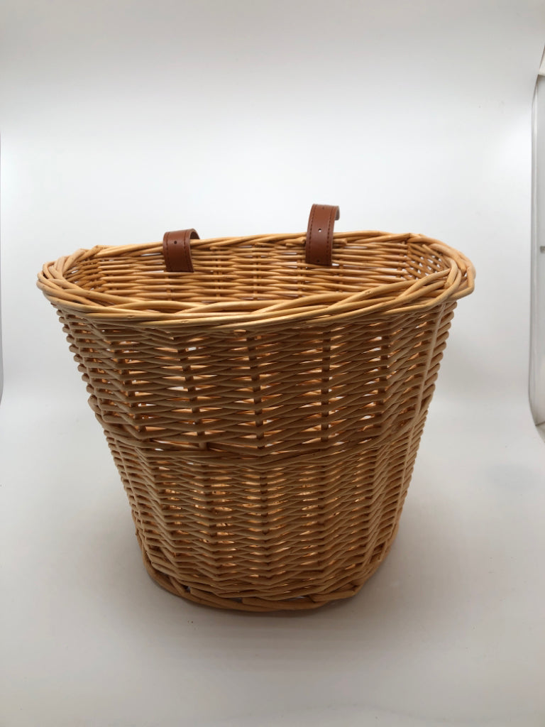 WICKER BIKE BASKET W/FAUX LEATHER STRAPS.