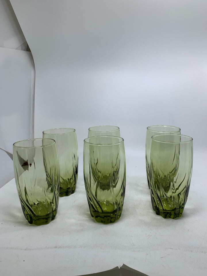 6 VTG AVOCADO GREEN SWIRL WAVE WATER GLASSES.