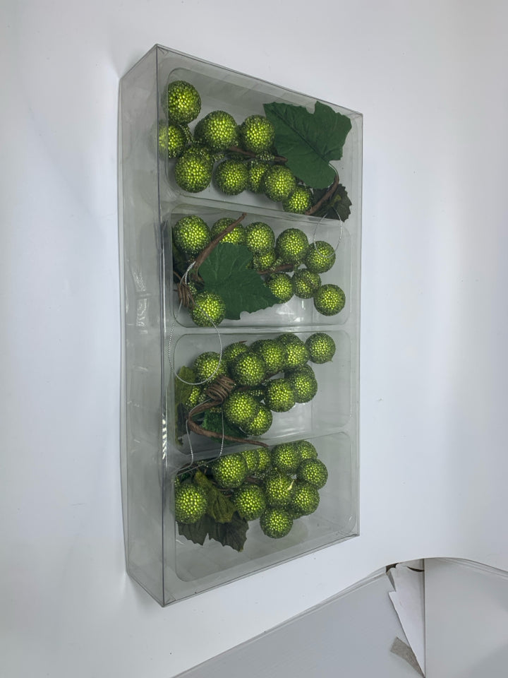 4 BEADED GREEN GRAPES BUNCH ORNAMENTS.