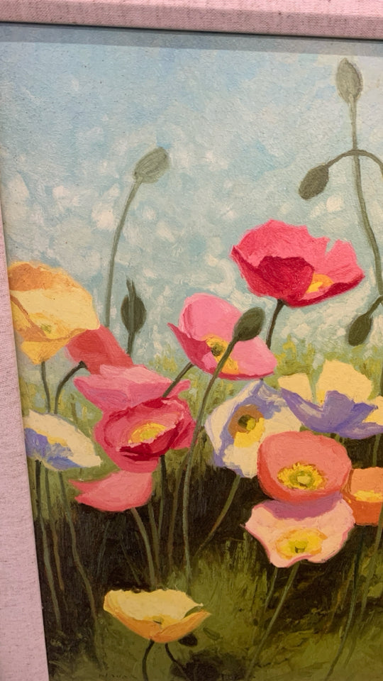 LARGE HAND-PAINTED FLORALS IN GREEN FRAME.