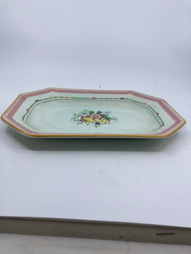 2 VTG NESTING GREEN W PINK FLORAL TRAYS- CALYX WARE.