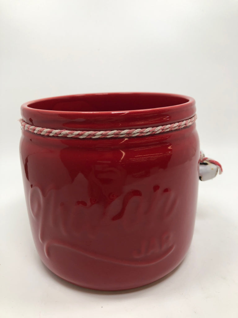 RED CERAMIC MASON JAR W/WHITE JINGLE BELLS.
