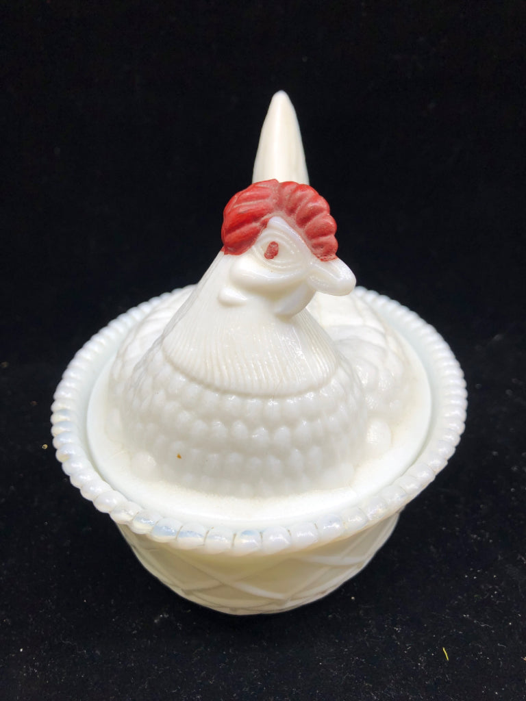 VTG MILK GLASS HEN IN BASKET.