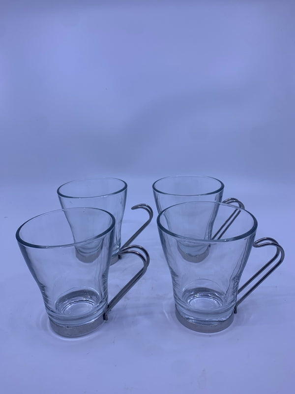 4 BORMIOLI ROCCO ESPRESSO GLASS CUPS W/ METAL HANDLE.