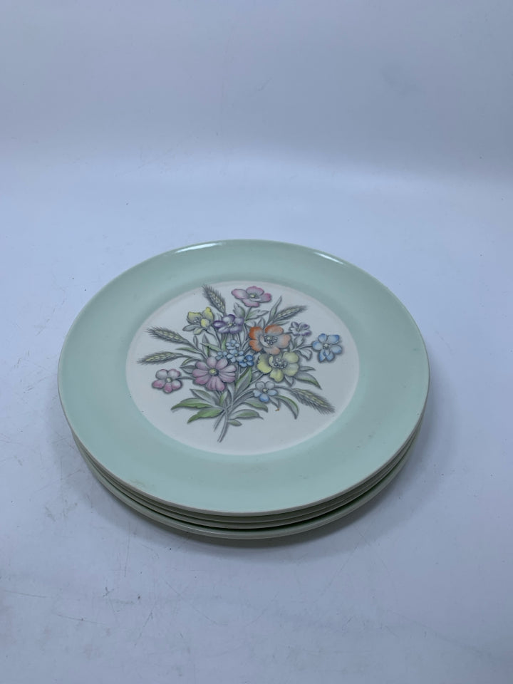 4 VTG PALE GREEN EDGE W/ FLORAL BOUQUET IN CENTER.