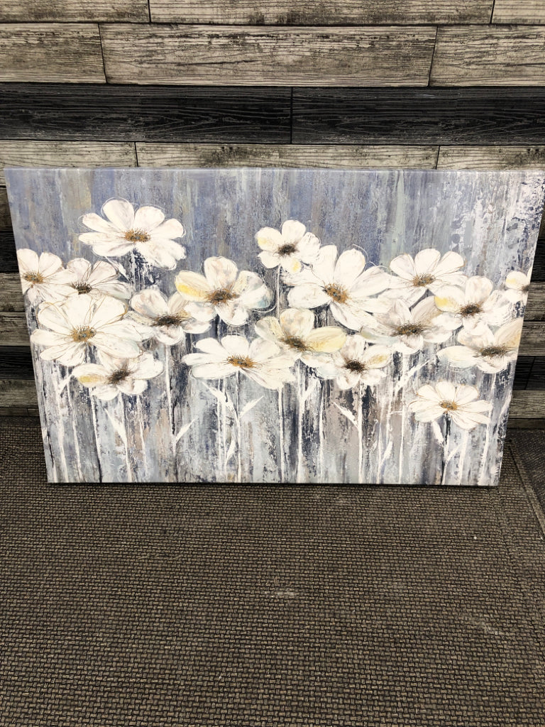 WHITE DAISIES ON BLUE/GREY CANVAS WALL ART.