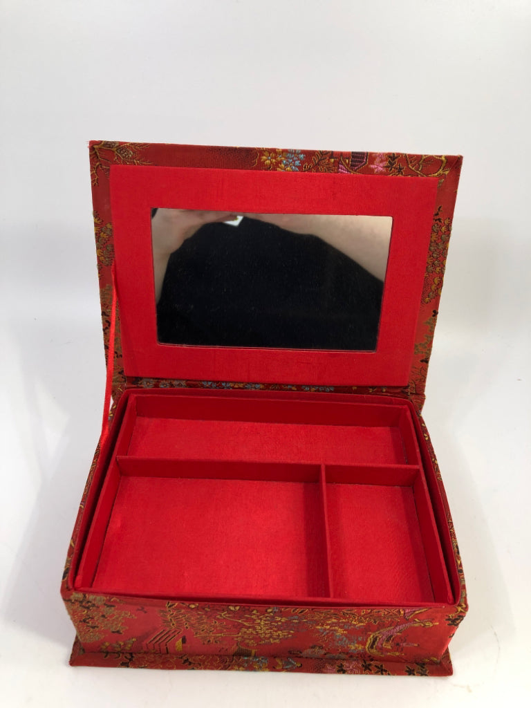 RED CHINESE BROCADE FABRIC TRINKET BOX.
