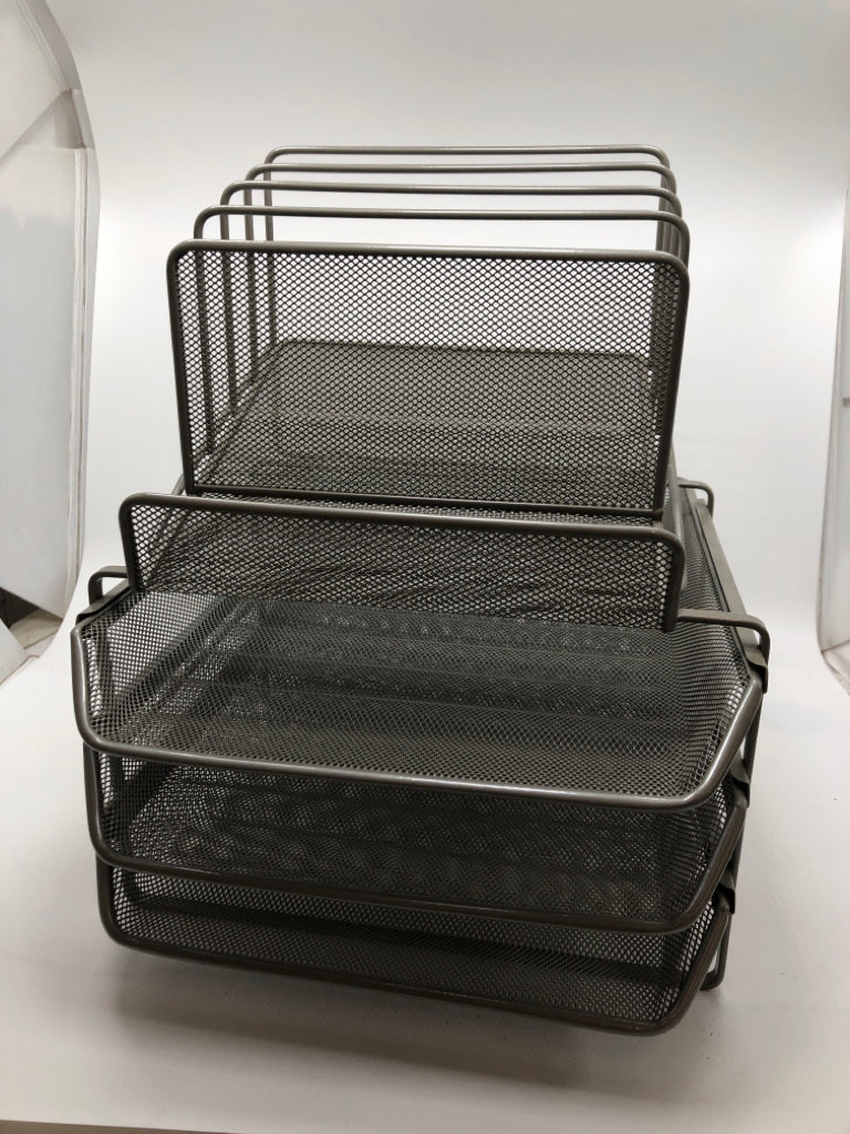 3-DRAWER GRAY METAL DESK ORGANIZER W/ VERTICAL PAPER HOLDER.