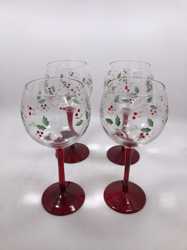 4 HOLLY PAINTED WINE GLASSES - PFALTZGRAFF.