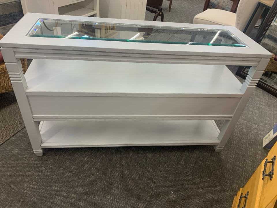 GREY CONSOLE TABLE 2 DRAWERS AND GLASS STOP.