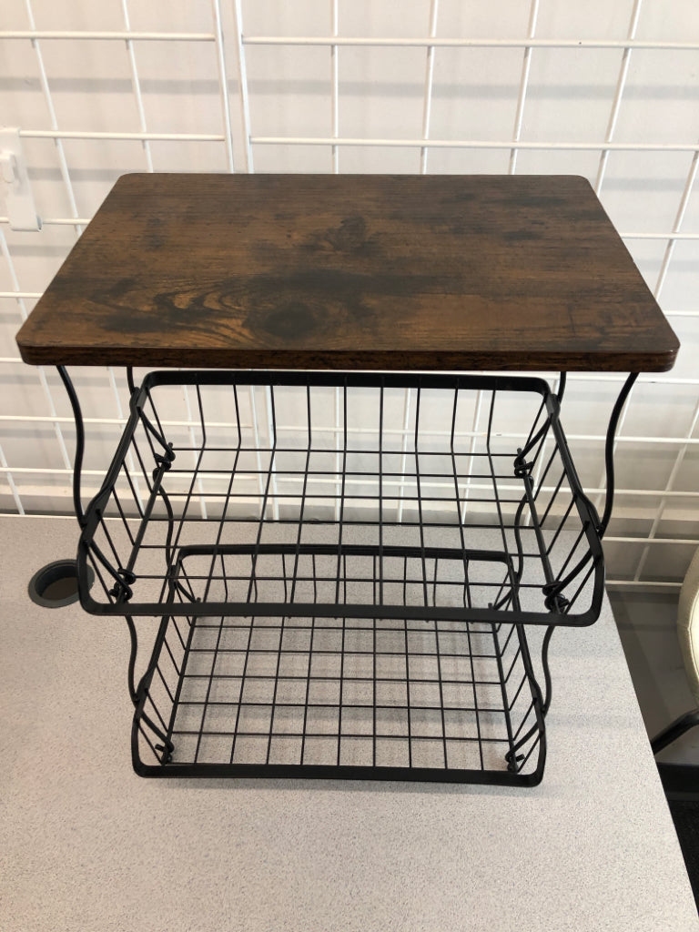 2-TIER METAL ORGANIZER W/WOOD TOP.