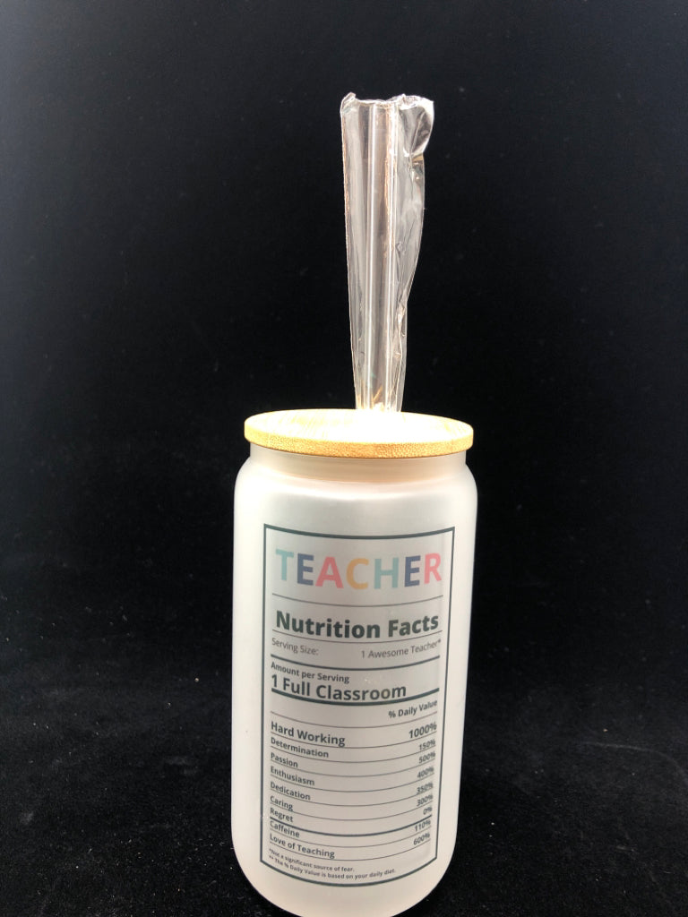 FROSTED TEACHER CUP W/NIP STRAW.