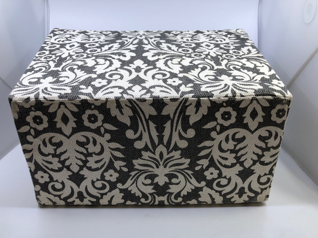 RECTANGULAR GREY FABRIC BIN W/WHITE FLORAL.
