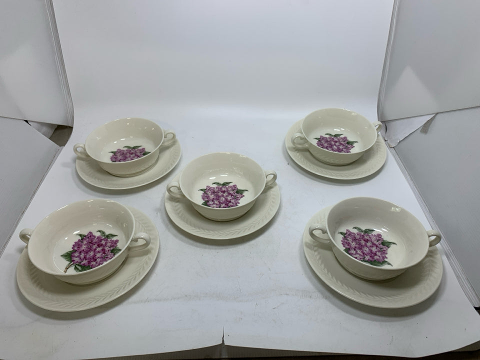 10 PC SVC 5 REGENTS PARK LILAC CREAM SOUP BOWLS W/ SAUCERS.