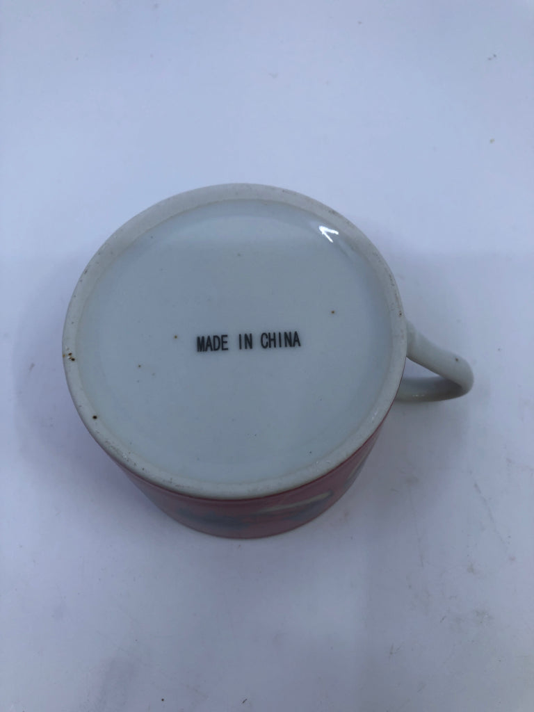 4 SHALLOW RED ROOSTER MUGS.