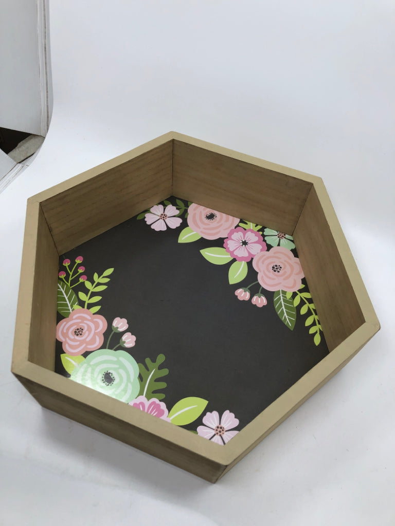 HEXAGON SHAPED SHELF W/FLORAL BACKGROUND.