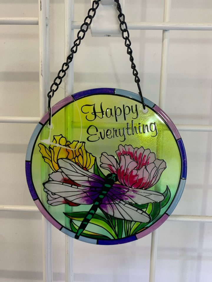 "HAPPY EVERYTHING" ROUND GLASS DRAGONFLY WINDOW DECOR.