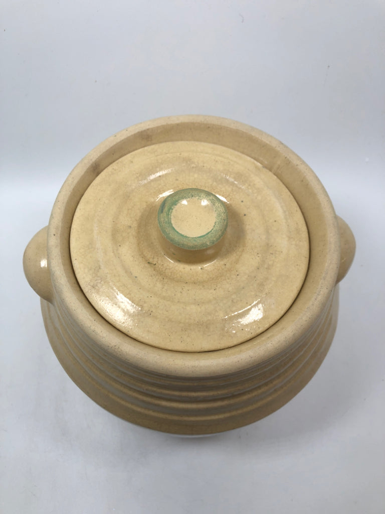 VTG SPAULDINGS POTTERY COOKIE JAR W/PAINTED FLOWER.