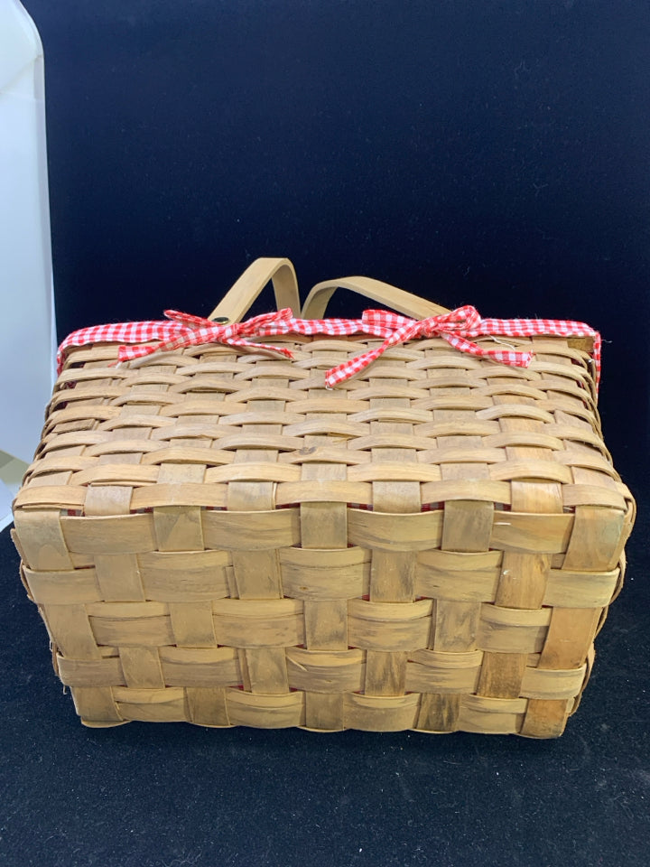 WOVEN BASKET W/RED CHECKER LINER 2 HANDLES.