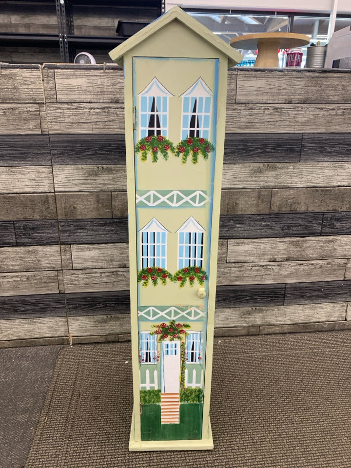 TALL WOODEN HOUSE BOOKSHELF W/PAINTED FLORALS.