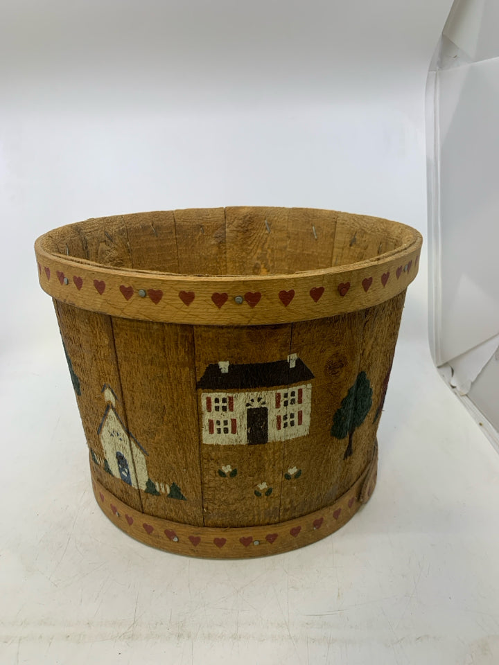 WOODEN PRIMITIVE STYLE BUCKET W/ PAINTED TOWN/PEOPLE.