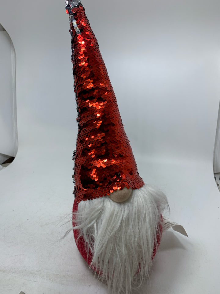 RED PLUSH GNOME W/ RED & SILVER SEQUENCE HAT.