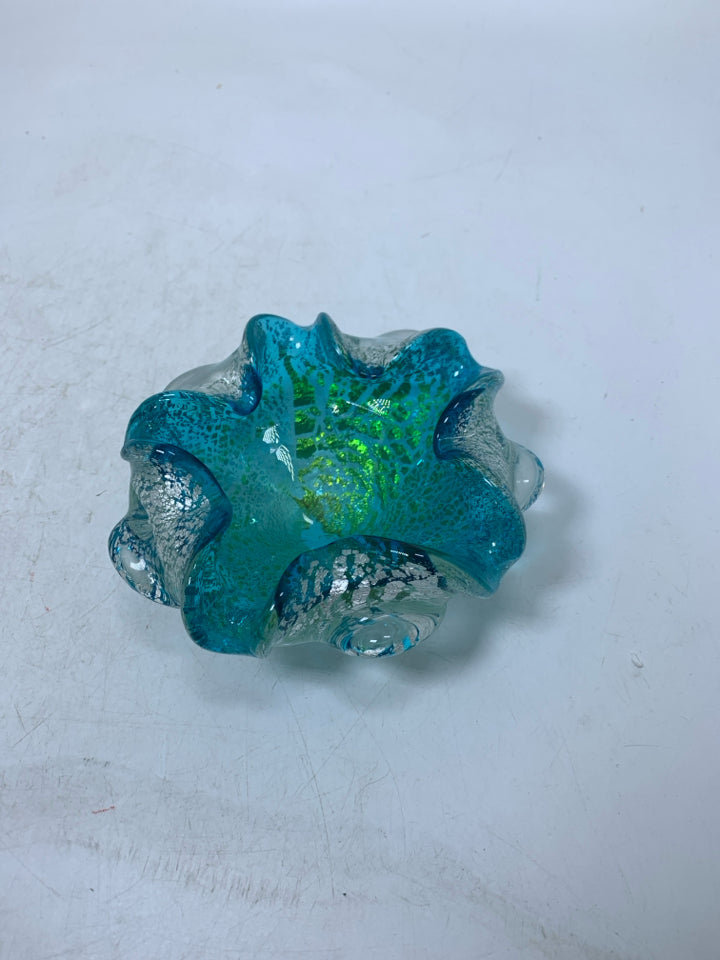 SMALL BLOWN GLASS AQUA/SILVER TRINKET BOWL FOUNDED IN EDGES.