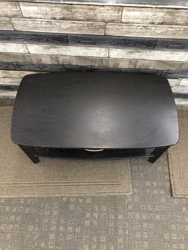 BLACK FAUX WOOD 2 TIER COFFEE TABLE W/ DRAWER.