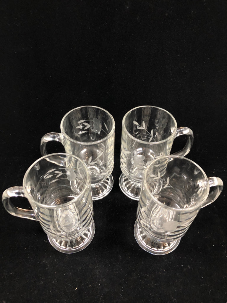 4 GLASS FOOTED IRISH COFFEE MUGS.
