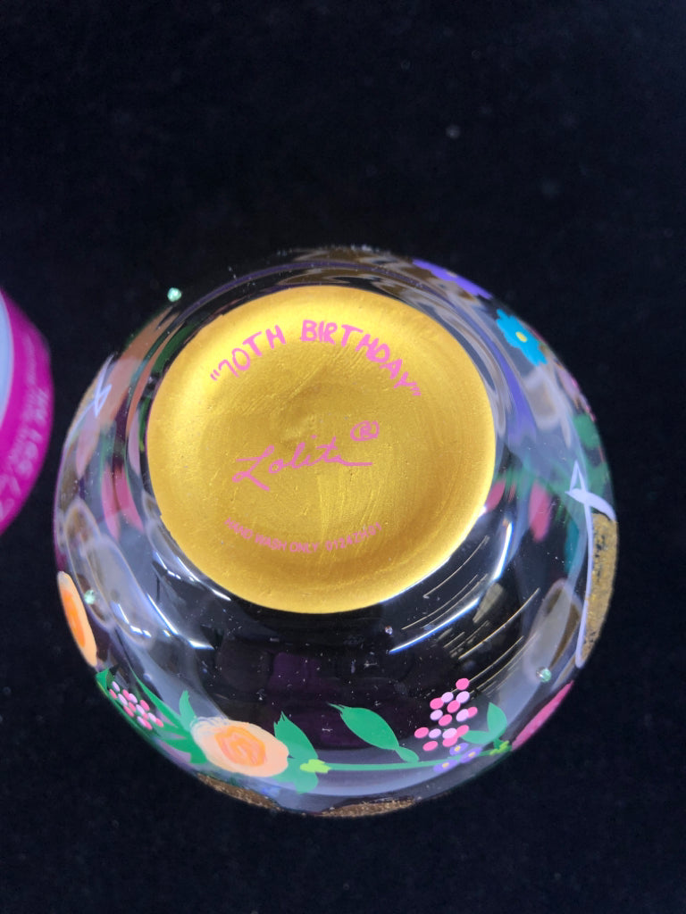 NIB STEMLESS 70TH BIRTHDAY WINE GLASS LOLITA.