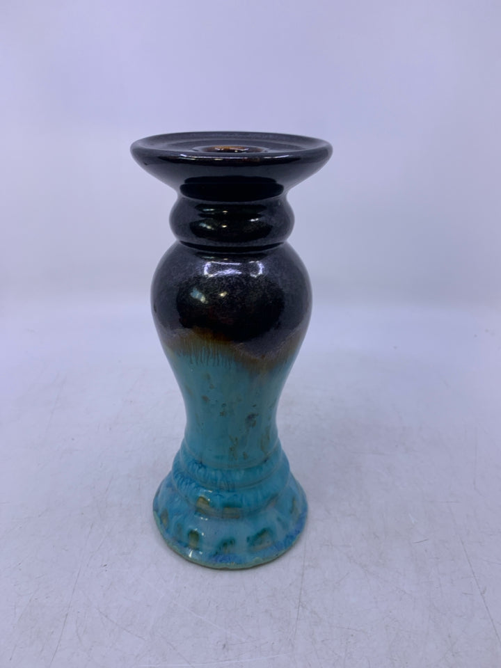 LIGHT BLUE/BROWN CERAMIC TAPER/PILLAR CANDLE HOLDER.