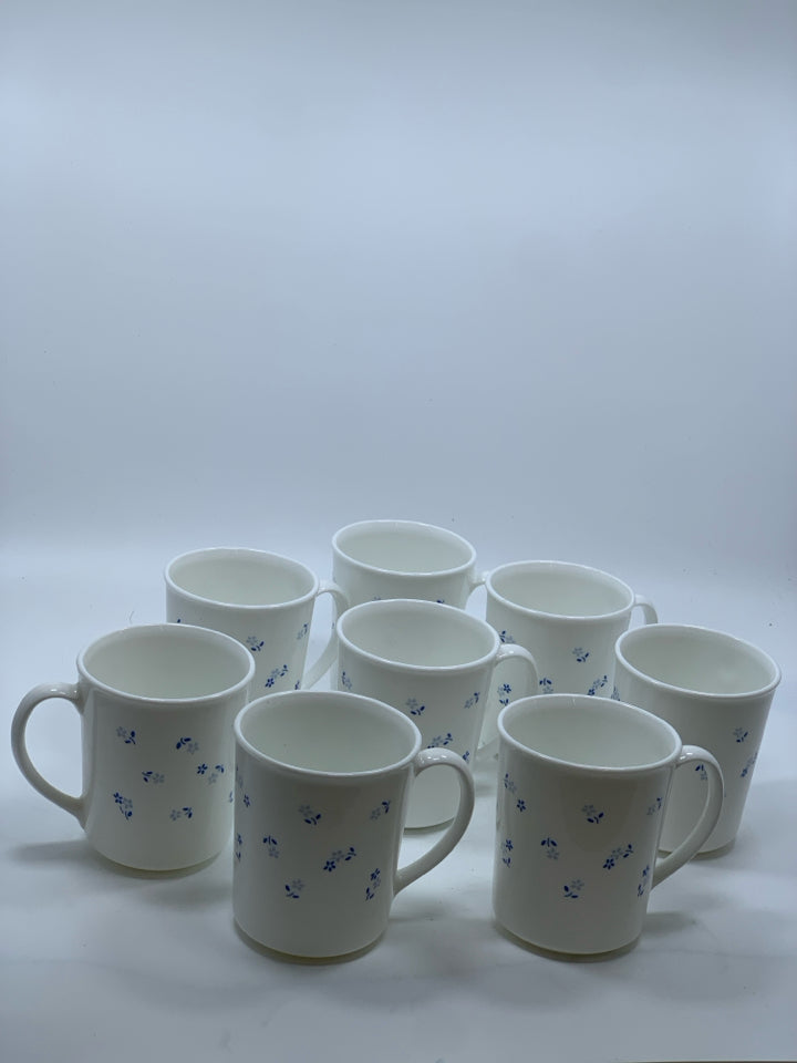 8 BLUE FLORAL CORNING WARE MUGS.