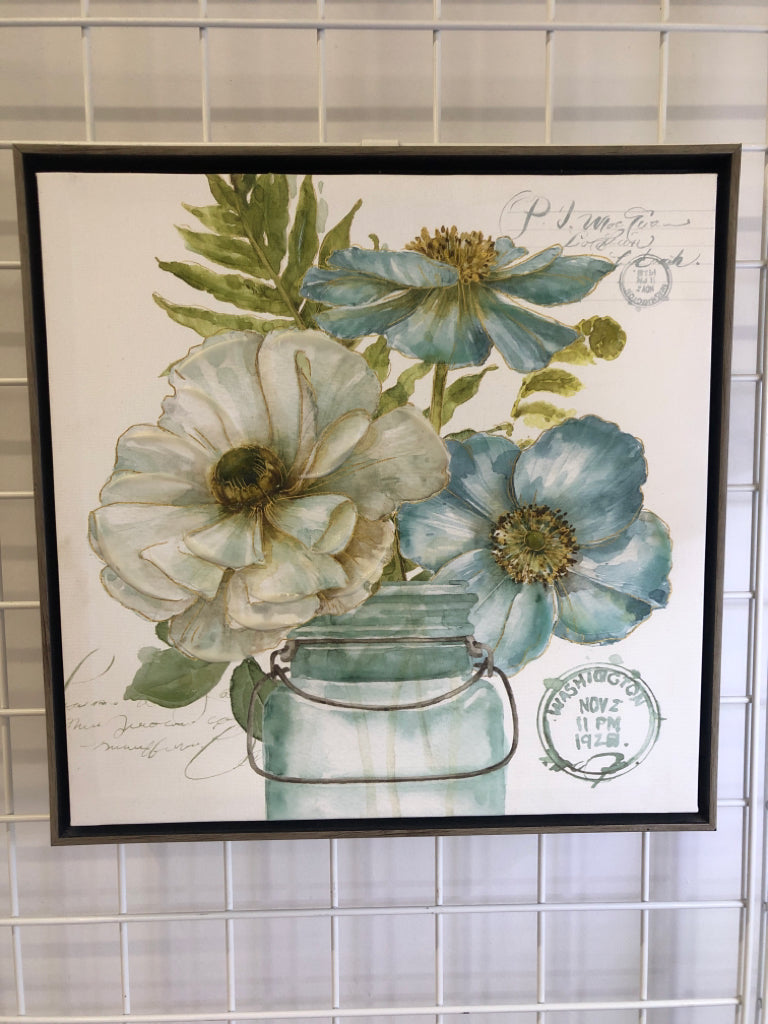 BLUE & GREEN FLOWER IN MASON JAR FRAMED CANVAS.