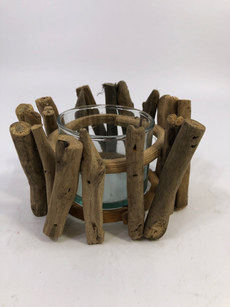 DRIFT WOOD CANDLE HOLDER W/GLASS.