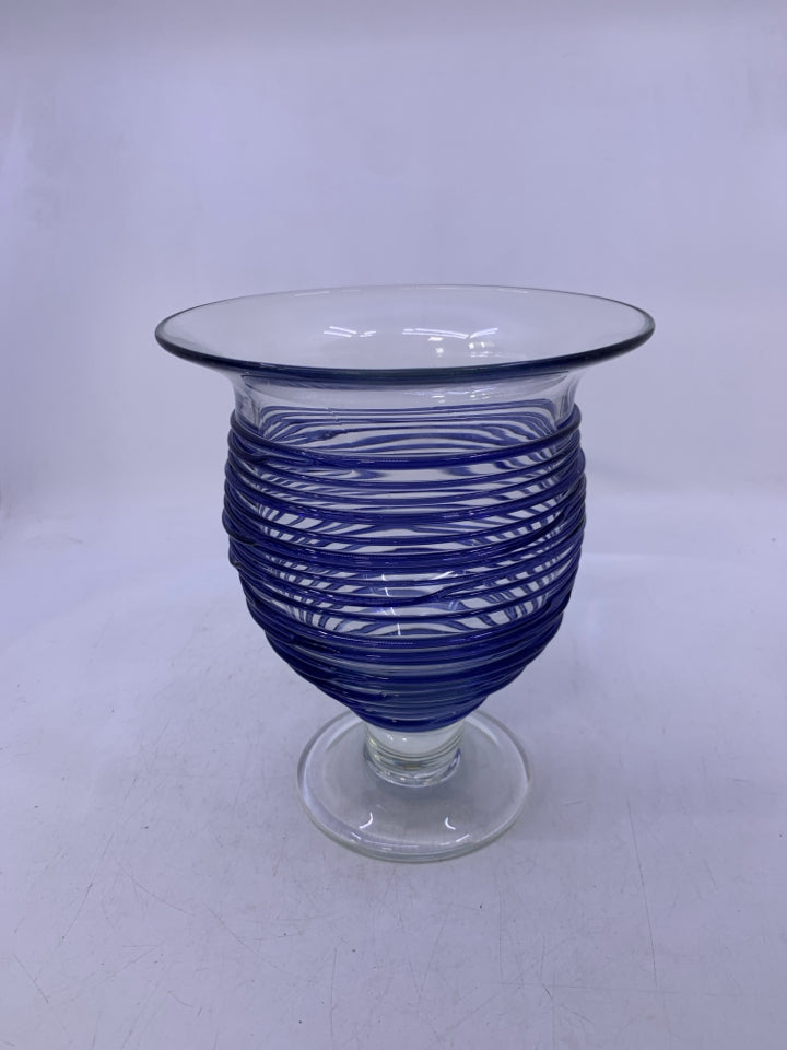 FOOTED GLASS CANDLE HOLDER W/ BLUE LINES.