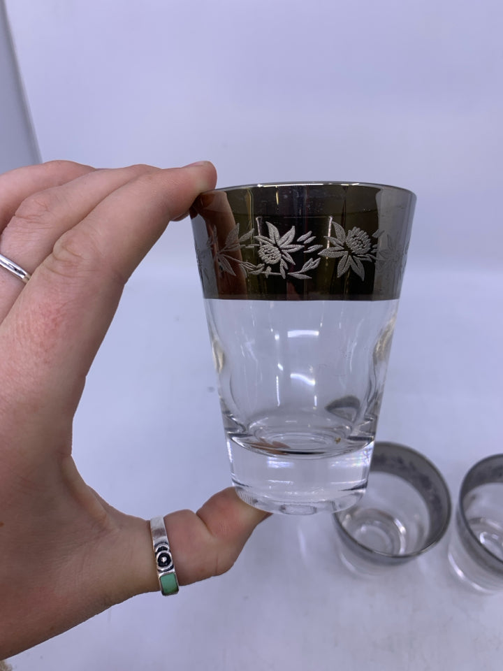 VTG 4 GLASS W/ SILVER BAND + FLOWERS.