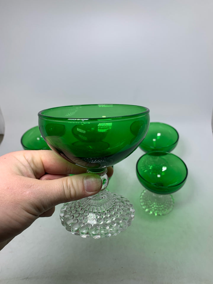 7 VTG BOOPIE BUBBLE FOREST GREEN SHERBET GLASSES.