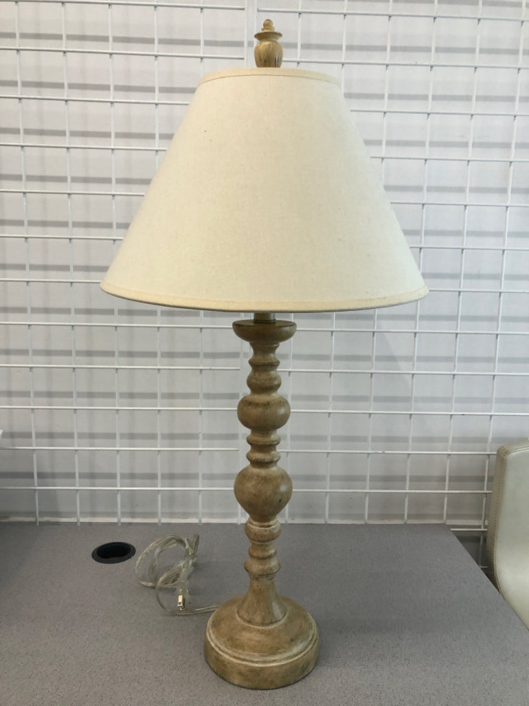 WOODEN BOHO LAMP W/CANVAS SHADE.