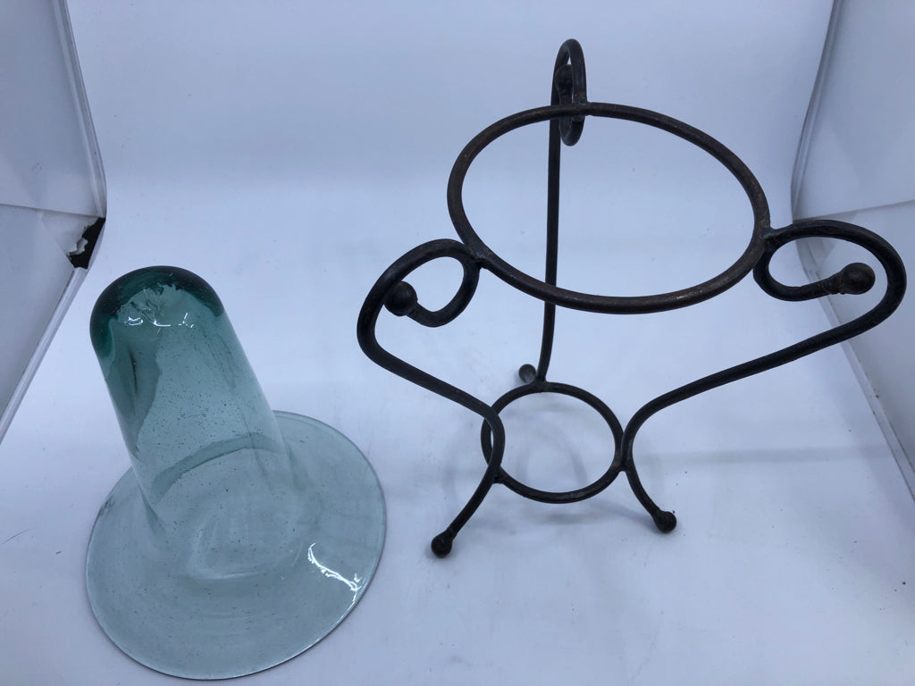 IRON SCROLL BASE, GLASS VASE INSERT.