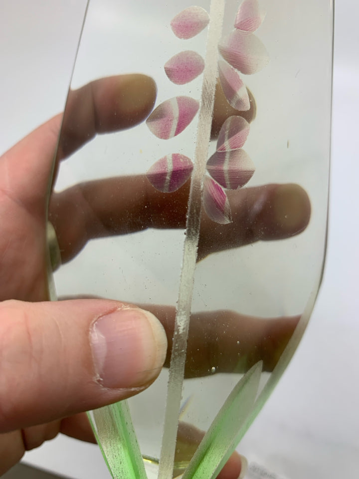 ETCHED PINK FLOWER TALL GLASS FIGURINE.